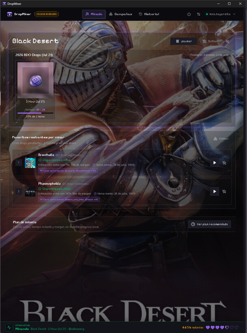 Interfaz real de DropMiner minando una recompensa de Black Desert y organizando los siguientes juegos